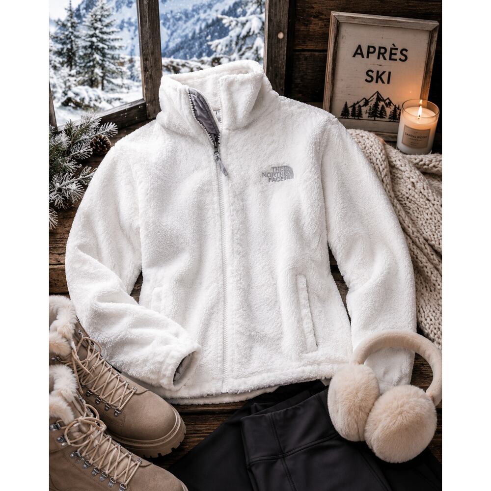The North Face White Fuzzy Teddy Fleece Zip Up Jacket Womens Large Cozy